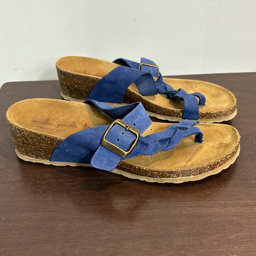 Mila Paoli Blue Suede Sandals with Adjustable Buckles and Cork Footbed